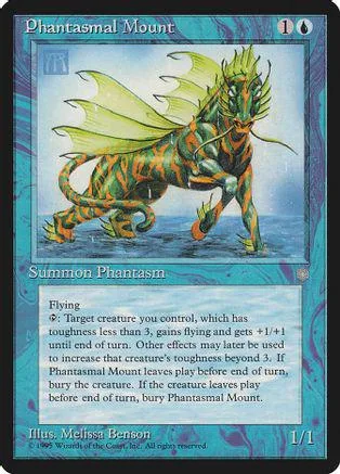 Green and orange mythical creature on a card with blue and white border.