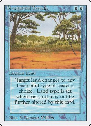 Blue and green landscape Magic: The Gathering card, "Phantasmal Terrain.