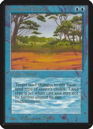 Blue and green landscape Magic: The Gathering land card, "Phantasmal Terrain.
