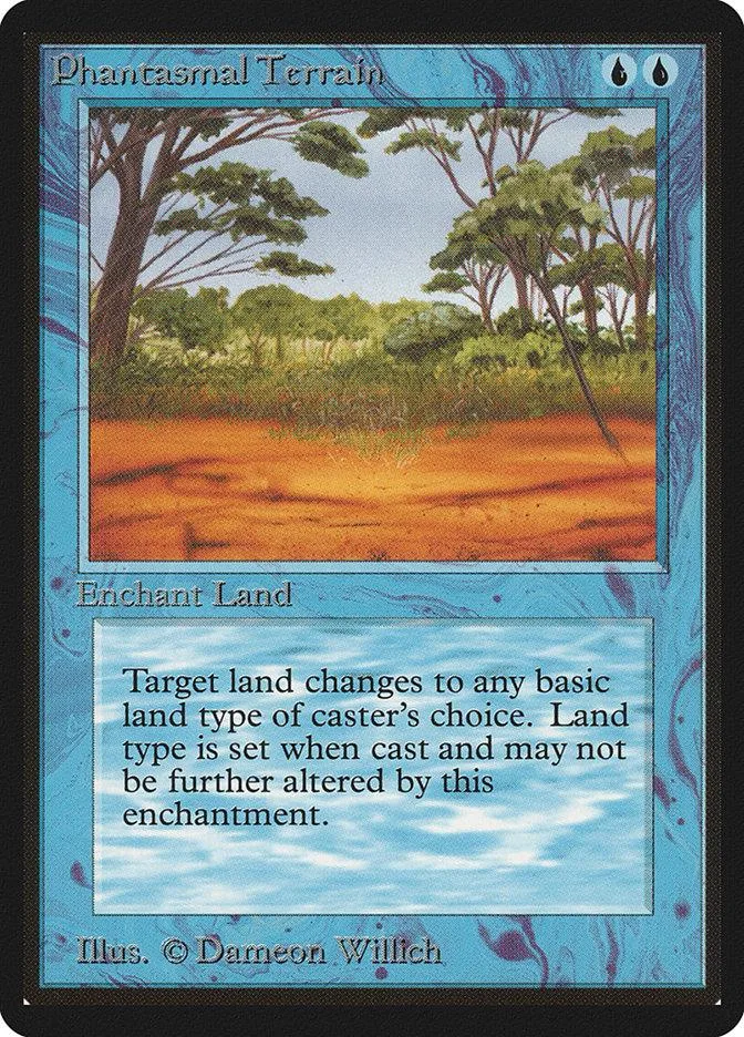 Blue and green landscape art on a Magic: The Gathering land card.