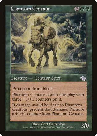 Centaur spirit creature card art, dark forest setting, green and brown tones.