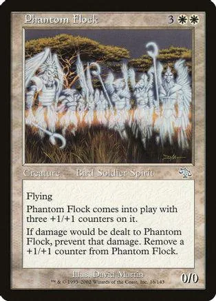 White, spectral bird soldiers in a field on a trading card.