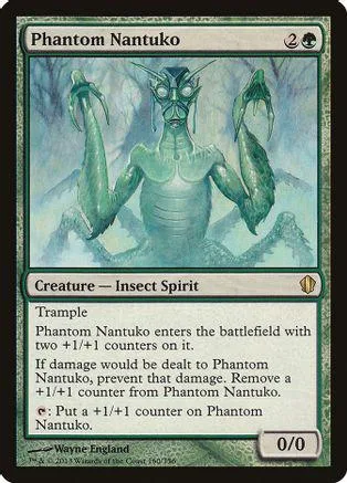 Green insect spirit creature card, Phantom Nantuko, in a standard trading card frame.