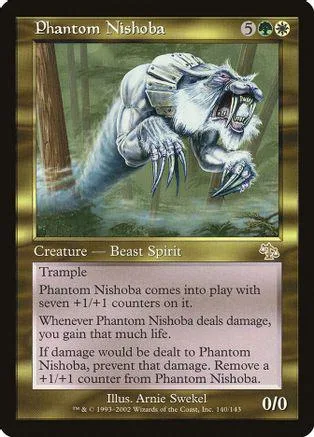 White and blue beast spirit creature card, Phantom Nishoba, in a standard card frame.