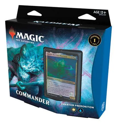 Magic: The Gathering Commander booster box featuring a foil card.