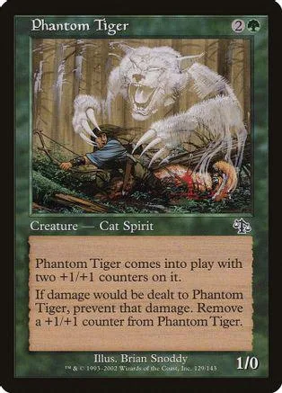 White wolf creature on a forest scene, black card frame, collectible card.
