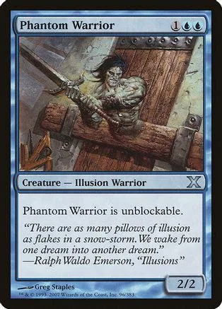 Creature card: Phantom Warrior, dark warrior on wooden structure, blue and black.