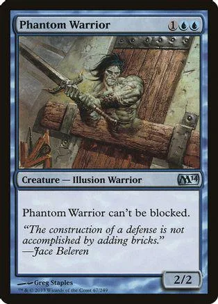 Creature card: Phantom Warrior, dark warrior figure on wooden structure.