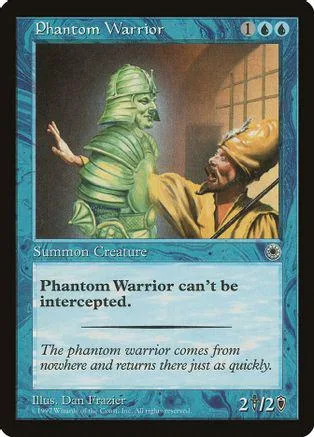 Green armored warrior faces man in yellow, on a blue card.