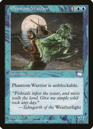 Green and brown Phantom Warrior Magic: The Gathering card, showing a figure in water.