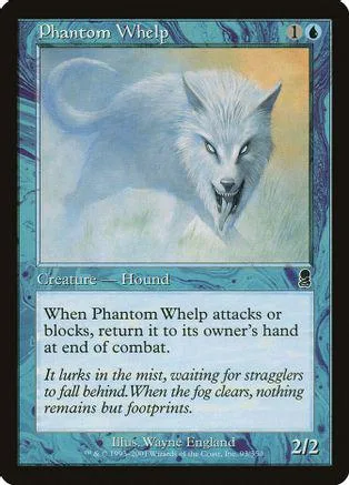 White wolf creature card, "Phantom Whelp," with blue and white artwork.