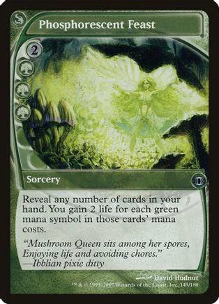 Green and yellow card art depicting a glowing, ethereal figure in a forest.