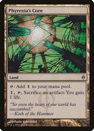 Magic: The Gathering card, Phyrexia's Core, green and black art, land type.
