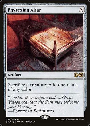 Magic: The Gathering card, Phyrexian Altar, dark wood altar art, black and white border.