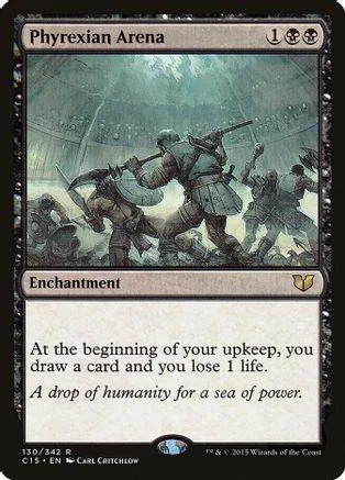 Green and grey battlefield scene on Phyrexian Arena Magic: The Gathering card.