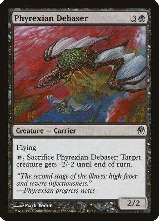 Green and white creature card, Phyrexian Debaser, showing a monstrous flying insect.