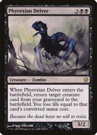 Dark zombie creature card with purple and black tones, showing battlefield effect text.