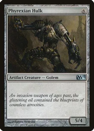 Dark, metallic golem creature card with black and grey artwork.