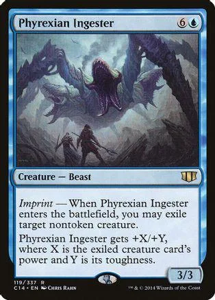 Dark, monstrous creature on a battlefield art card. Blue and black tones.