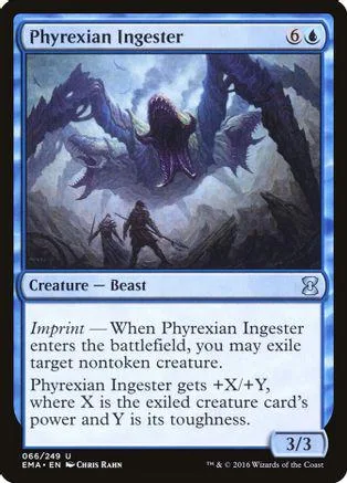 Dark, monstrous creature on a blue and grey fantasy card. Creature card art.