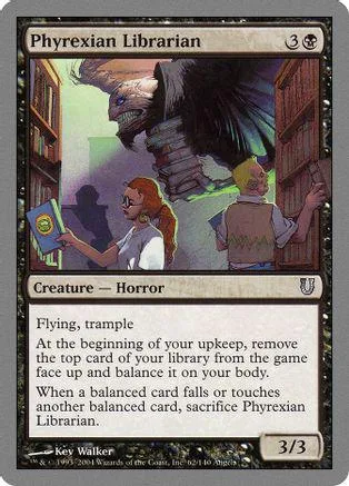 Card art shows a dark, winged creature over a person in a library setting.