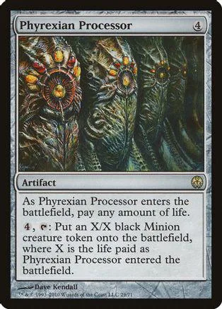Card art shows dark, textured, organic shapes. Phyrexian Processor text visible.