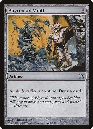 Card art depicts skeletal figures in a dark, rocky environment. Phyrexian Vault card.