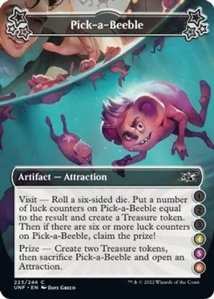Purple creature on card art, "Pick-a-Beeblee" text, game rules visible.