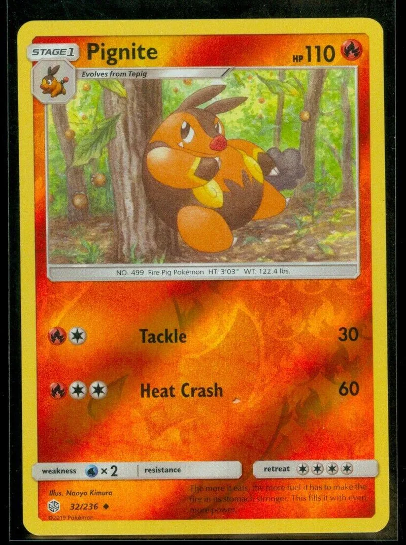 Pignite Pokémon card, orange and brown creature, HP 110, visible attack stats.