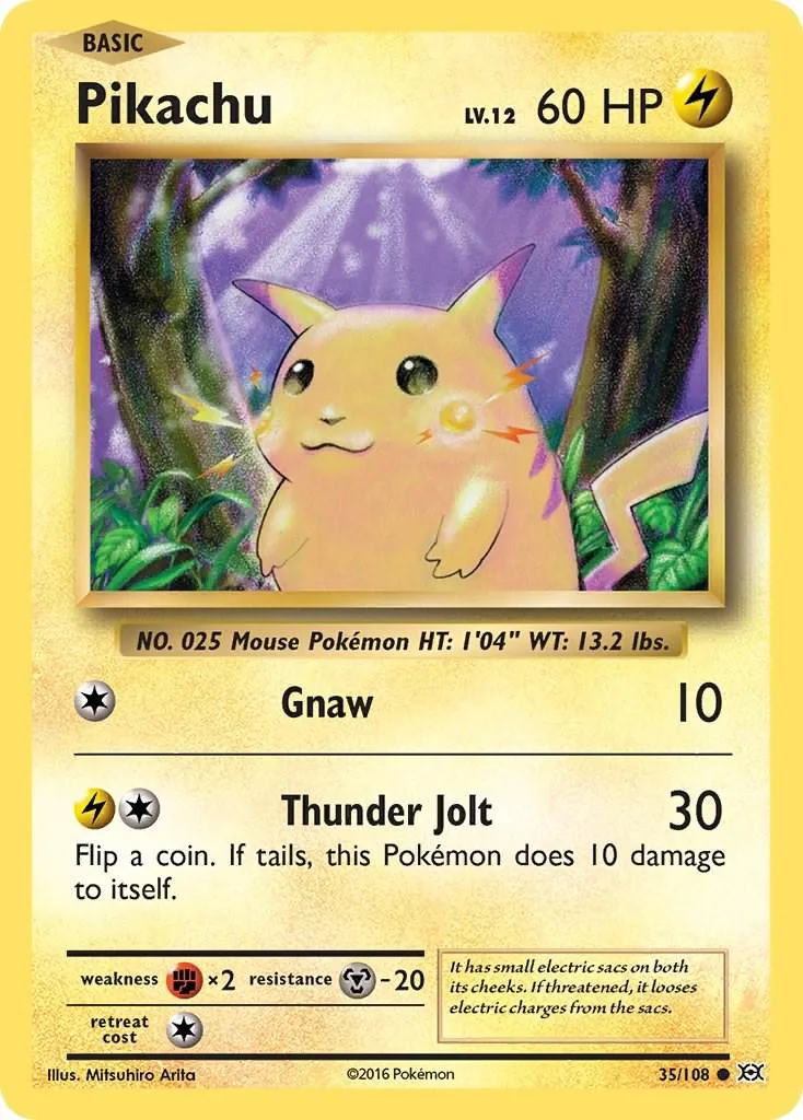 Yellow Pikachu Pokémon card art, showing the creature in a forest setting.