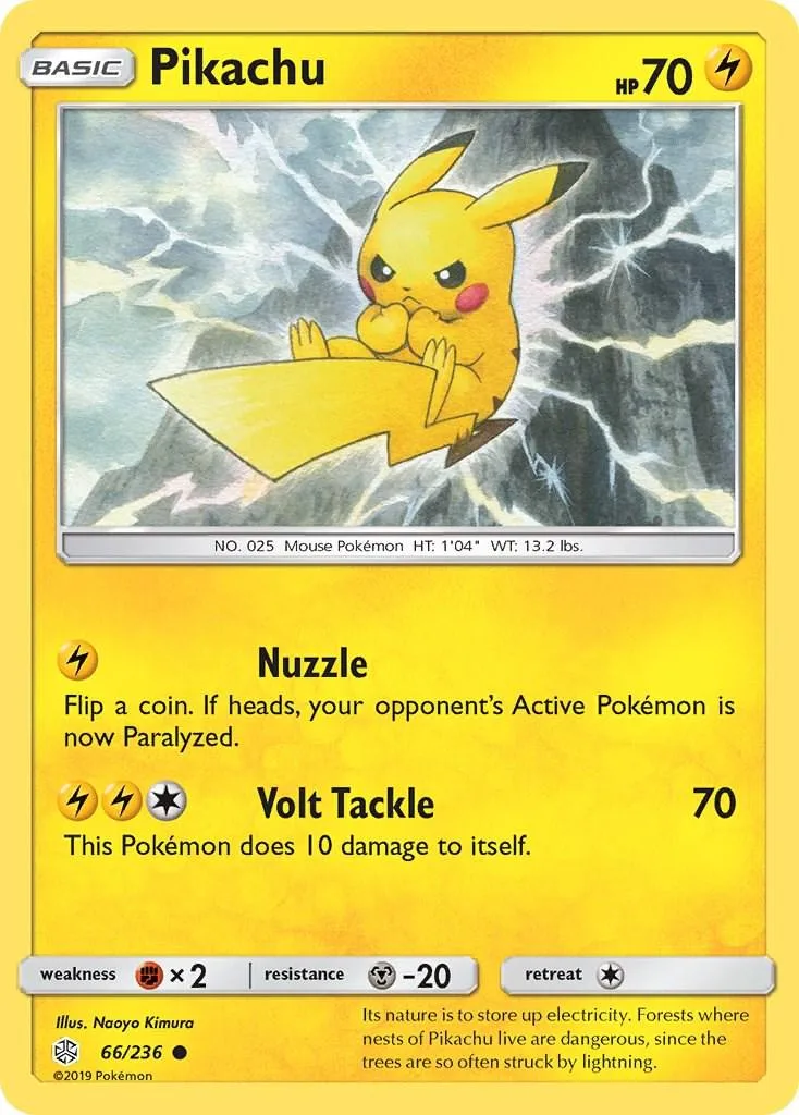 Yellow Pikachu Pokémon card with lightning, showing attack and weakness details.