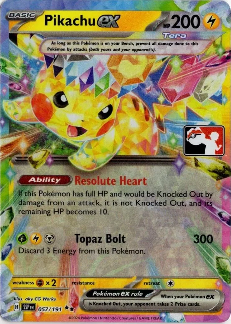 Pikachu EX trading card, yellow and black, with holographic elements.