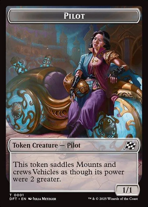 Woman on ornate vehicle, purple and blue tones, Magic: The Gathering token card.