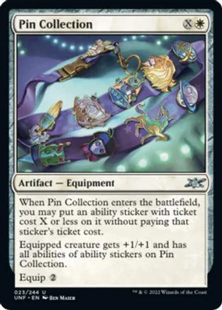 Magic: The Gathering card art showing various colorful, ornate pins on a purple ribbon.