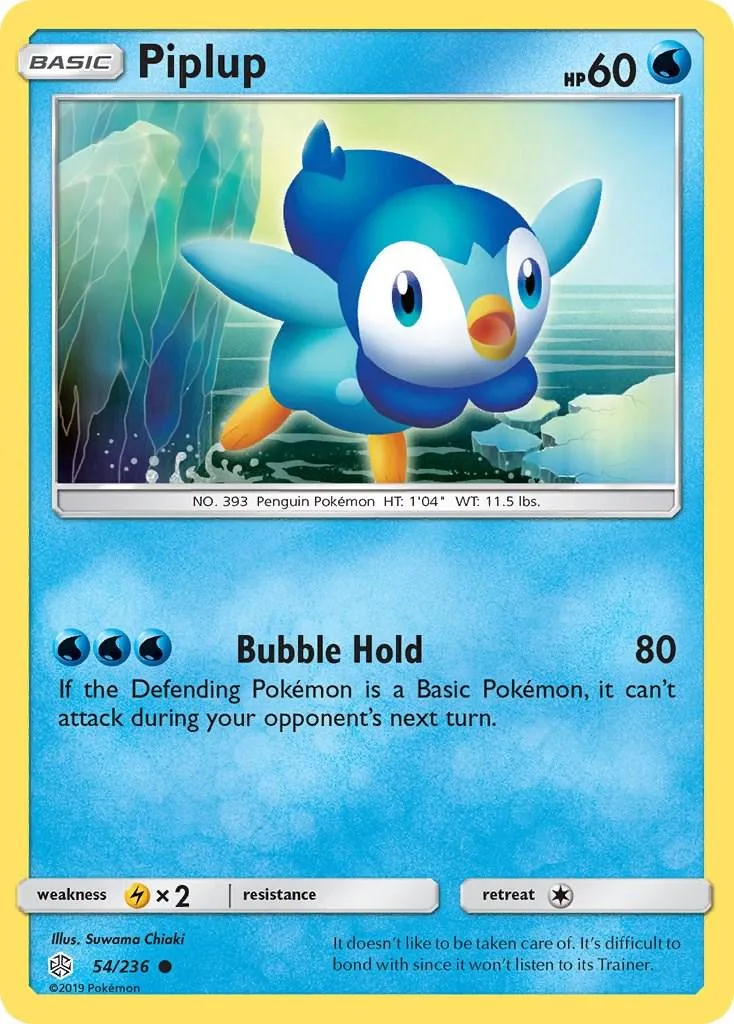 Blue and white Pipplup Pokémon card with Bubble Hold ability.