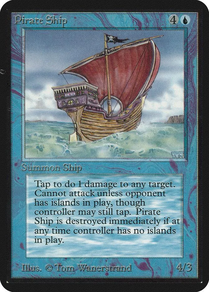 Pirate Ship card art: wooden ship with red sails on blue water.