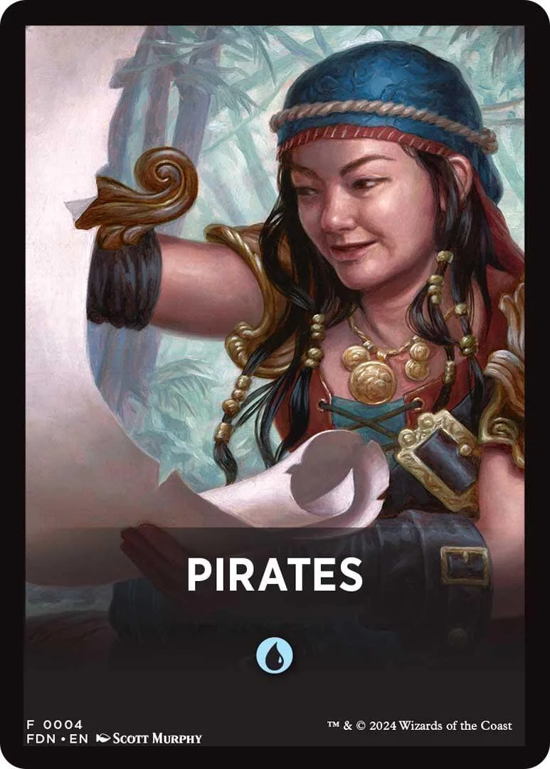 Portrait of a pirate woman in blue hat and red outfit, holding scroll.