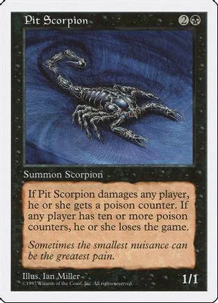 Black and silver scorpion creature on a dark blue card with text.