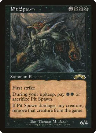 Large, monstrous creature on dark, stormy battlefield art. Black and gray card.