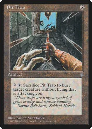 Dark fantasy art depicts a hand holding a sharp spike in a stone pit.