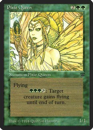 Elf-like queen with wings, green and gold card art.