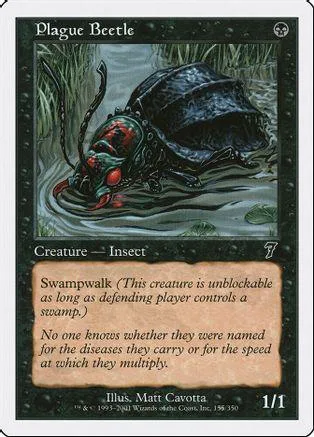 Black and red beetle creature card art, swampy green background, white border.