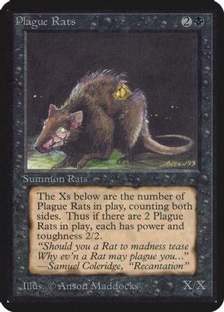 Dark brown rat creature card art. Black border. Text visible.
