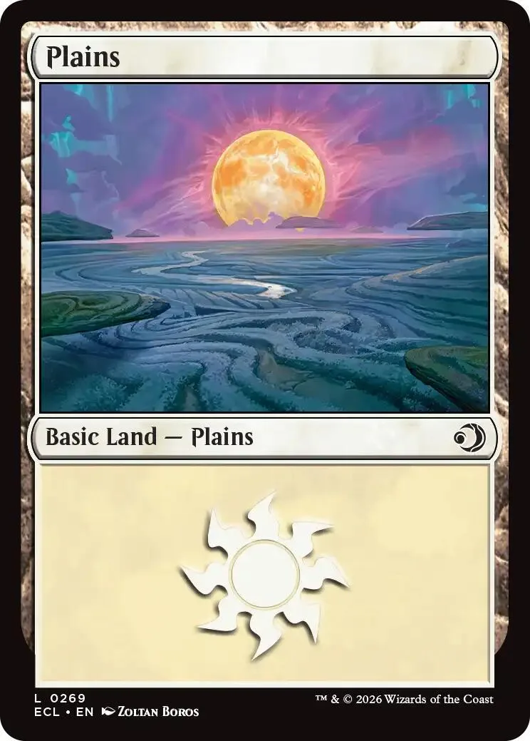 Magic: The Gathering Plains land card, featuring a large orange sun over blue landscape.