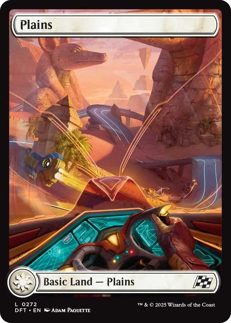 Card art of arid landscape with a vehicle driving through a canyon. Plains land.
