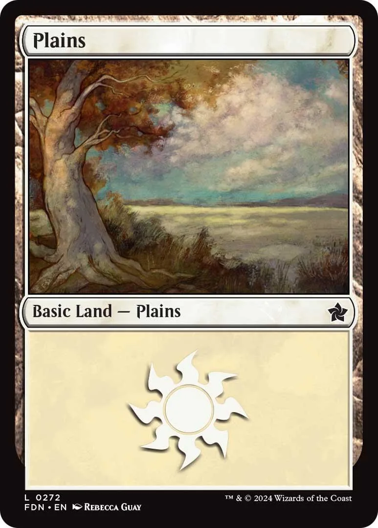 Card art shows a large tree in a vast, cloudy landscape. Plains land card.