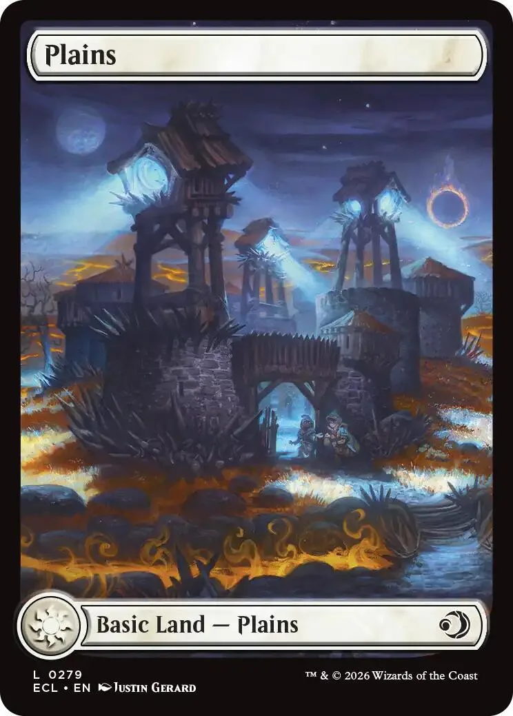 Magic: The Gathering Plains land card art showing dark, atmospheric structures at night.