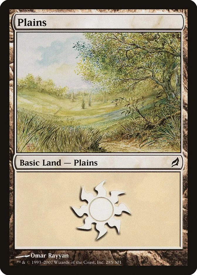 Magic: The Gathering Plains land card, green landscape art, white and black border.