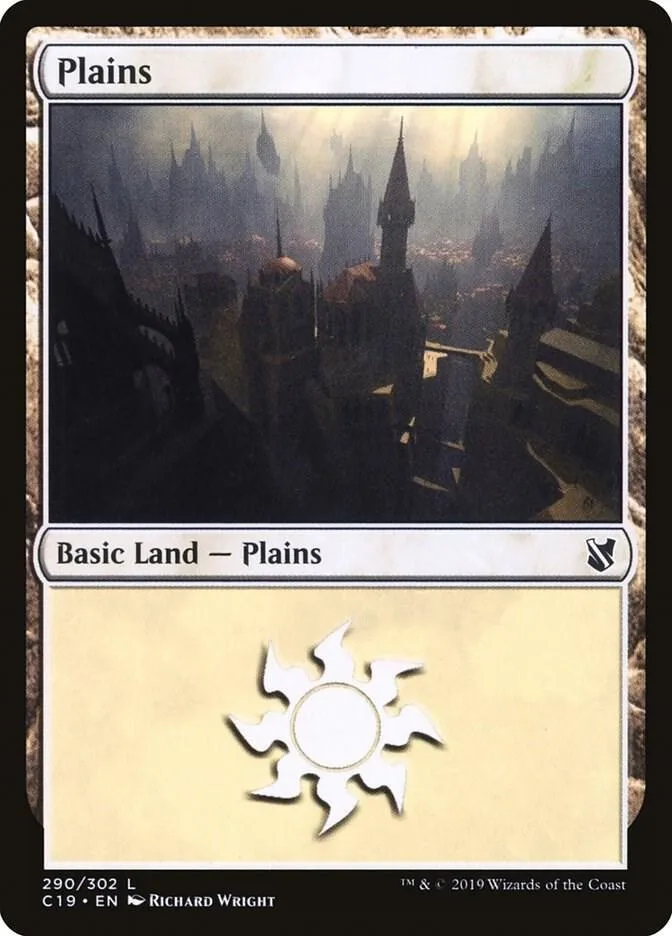 Black and gray landscape art on a Plains basic land Magic: The Gathering card.