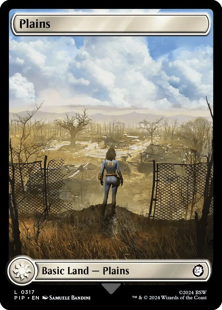 Card art: person on hill overlooking dry, cloudy landscape. Plains land.